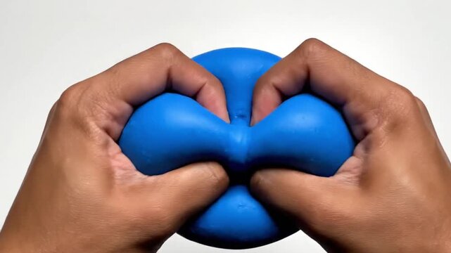 Close-up of hands squishing and stretching a blue stress relief ball