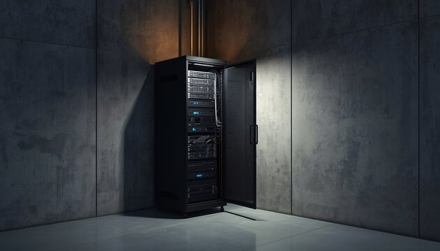 Edge computing micro data center cabinet inside industrial facility clean ambient light background for IoT infrastructure presentation