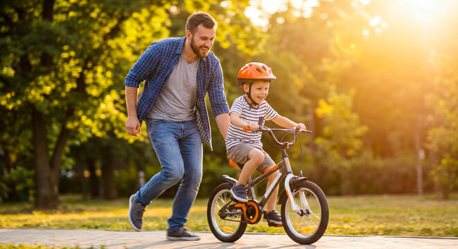 Father teaching son to ride a bike. Dad helping child learn cycling in a sunny park.