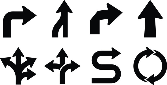 Road Navigation and Directional Arrows Black Silhouette Vector Icon Set