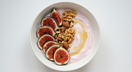 Fototapeta premium Overhead View of Fig and Walnut Yogurt Bowl, Healthy Breakfast.