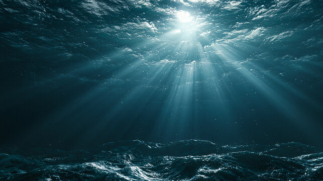 Teal Underwater Ocean with Radiating Sunbeams and Bubbles
