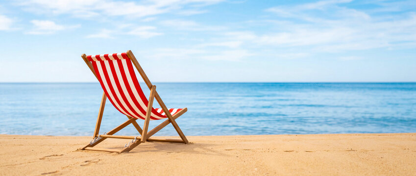 Red striped deck chair on sandy beach. Empty lounge chair by the tropical ocean.