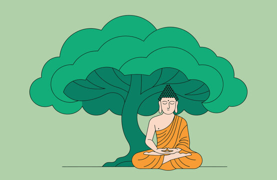 Meditating Buddha Under Bodhi Tree Vector Graphic Minimalist Illustration