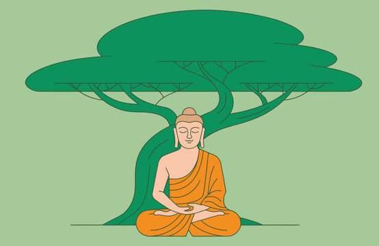 Meditating Buddha Under Bodhi Tree Vector Graphic Minimalist Illustration