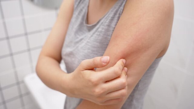 skin problem and beauty. woman scratch body has itchy skin from skin allergic, steroid allergy, sensitive skin, red from sunburn, chemical allergy, rash, insect bites, Seborrheic Dermatitis.
