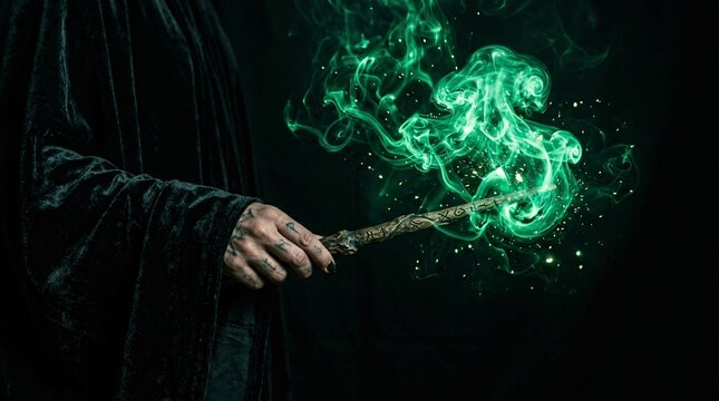 Mysterious hand draped in a dark velvet cloak gracefully holds a rustic carved wooden wand emitting glowing emerald green magical smoke.