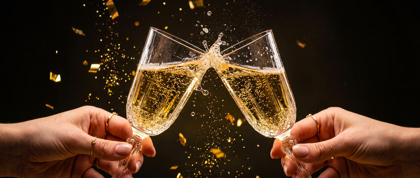 People toasting with champagne glasses. Celebration with sparkling wine and gold confetti.