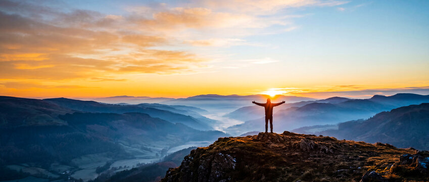 Hiker standing on mountain peak at sunrise. Person reaching arms out to celebrate success.