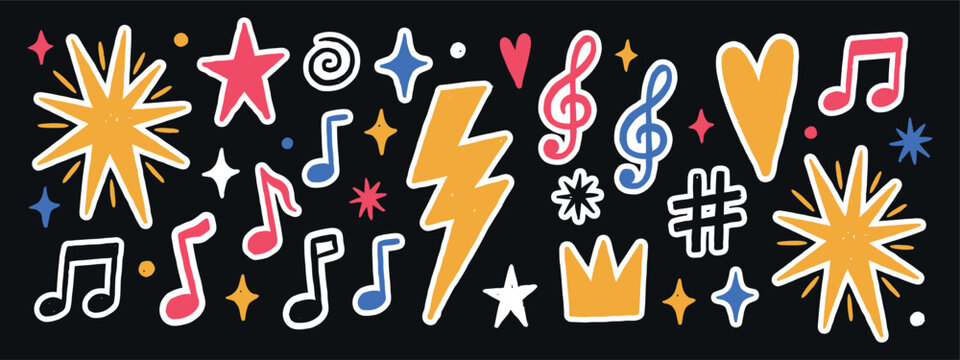 Musical note and star shaped ornament vector illustration with dark setting music notes stars