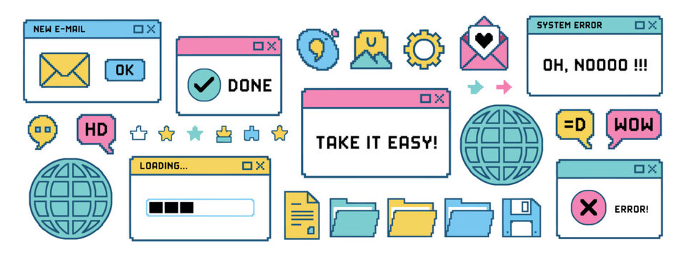 Collection Of Pixelated User Interface Icons And Symbols In Pastel Tones