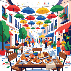Fototapeta premium Vibrant outdoor cafe scene with diverse patrons dining al fresco.