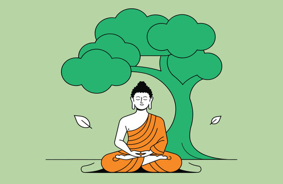 Buddha Meditation Under Bodhi Tree Vector Vector Line Art Illustration