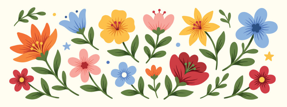 Floral ornament featuring assorted blooms and green stems on a pale surface