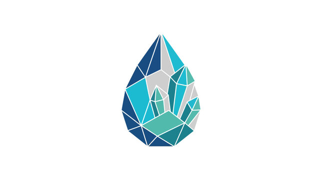 Geometric crystal water drop vector logo design isolated on white background polygonal blue mineral gemstone liquid droplet icon symbol