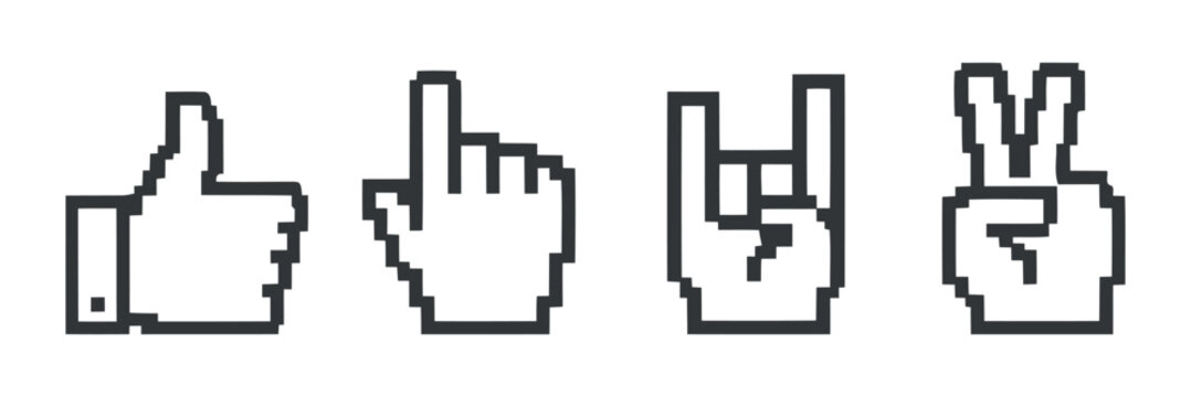 Four pixelated hand gestures in black and gray tones