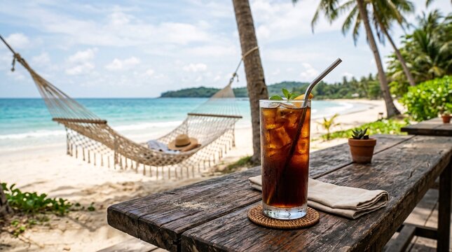 Refreshing tall glass of iced cold brew coffee rests on a weathered wooden table against the backdrop of a beautiful white sand beach.