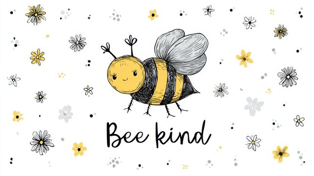 Hand-drawn bee doodle with Bee kind lettering for posters, cards and textile prints