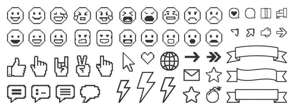 Pixelated Emoticons And Communication Icons Black And White Vector Illustration emoticon