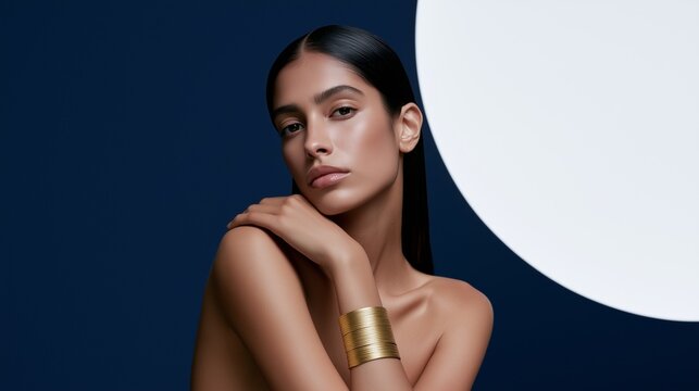 Young woman with sleek black hair rests her chin on crossed hands beside a bold white curved shape, ideal for luxury beauty, skincare, jewelry and editorial campaigns.