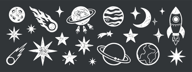 Celestial Bodies And Rocket Ship Chalk style Vector Illustration planet © MOHAMMAD