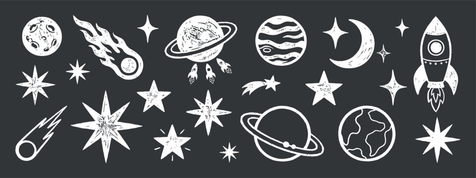 Celestial Bodies And Rocket Ship Chalk style Vector Illustration planet