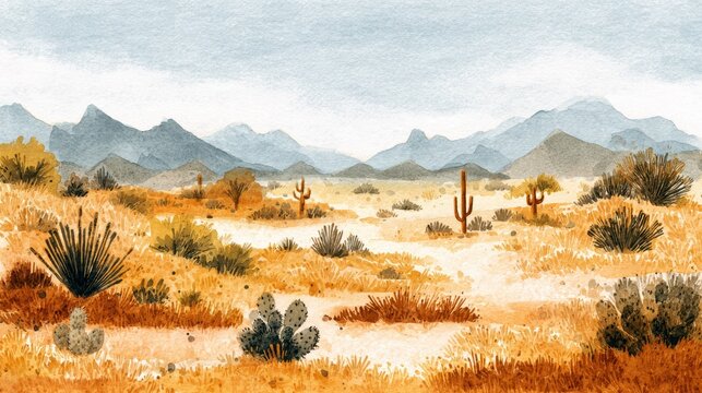 Hand-drawn watercolor scene of a South American desert with scattered cacti and distant mountains