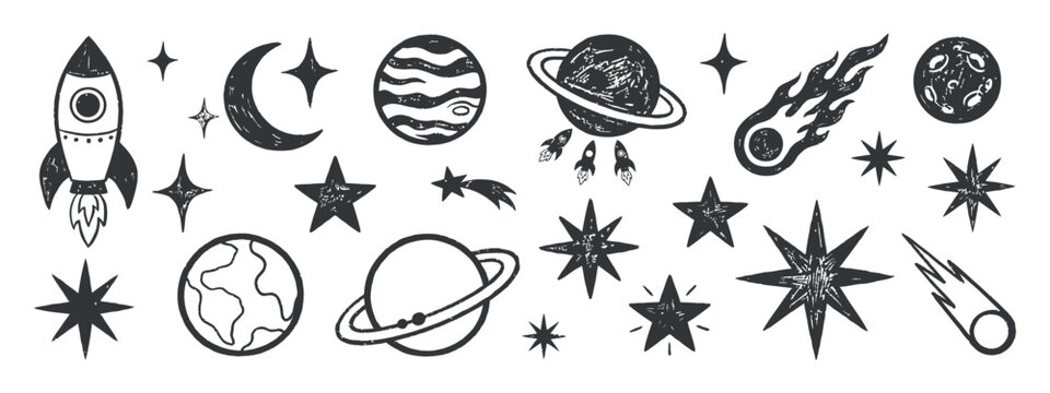Space objects and celestial bodies hand drawn vector illustration rocket