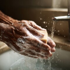 Fototapeta premium Hands lathering with soap under a faucet to promote global handwashing and health awareness
