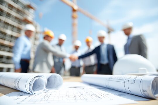 Handshake at a construction site seals a commercial building project agreement