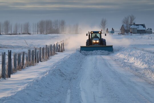 Hard-working tractor clearing snow in a tranquil winter farmyard