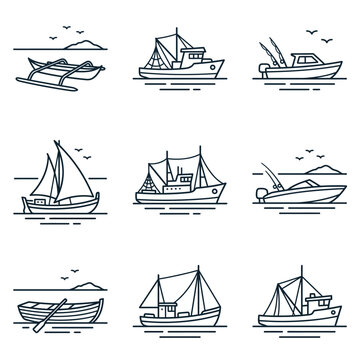 Collection of various boat and ship illustrations in a simple line art style.