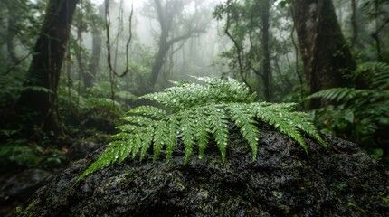 Fototapeta premium A lush green fern leaf covered in water droplets resting on a wet rock in a misty rainforest