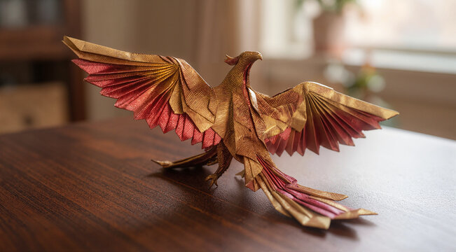 Origami phoenix bird made of paper. Golden paper craft sculpture with spread wings.
