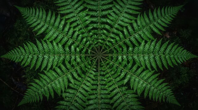 Abstract kaleidoscopic pattern created from a green fern leaf, symmetrical geometric design