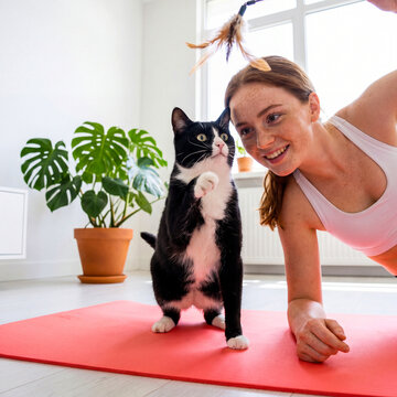 Woman doing plank exercise with cat. Active girl playing with pet during home workout.