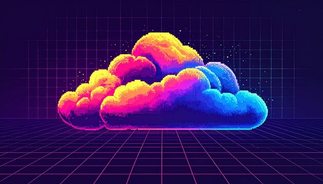 Vibrant Digital Cloudscape with Retro Grid Background