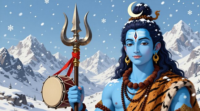 Blue skinned man with religious items holds trident and drum in snowy mountains. He wears tiger skin and crescent moon on head. Snowflakes fall around him.