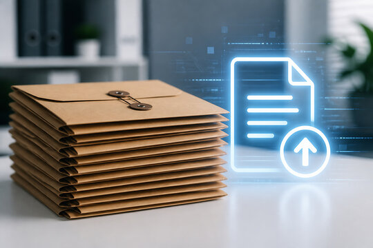 A stack of brown envelopes is displayed on a white desk next to a glowing digital document icon.