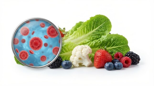 Healthy food concept with fresh fruits, vegetables and blood cell view isolated on white background