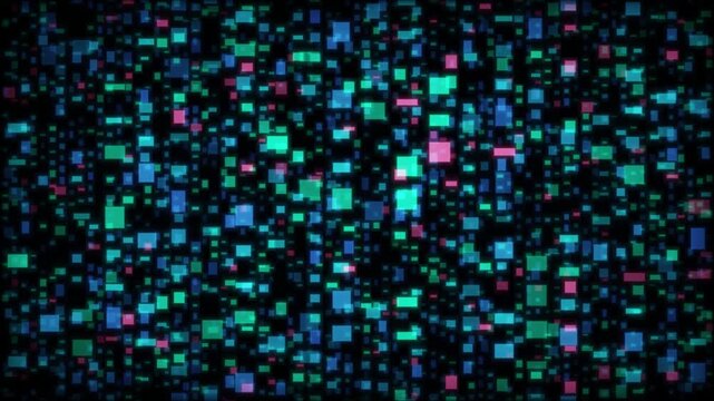 Abstract digital technology background with flashing cyan and pink glowing pixel squares