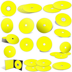 Fototapeta premium Abstract yellow CD disks and boxes on white background.