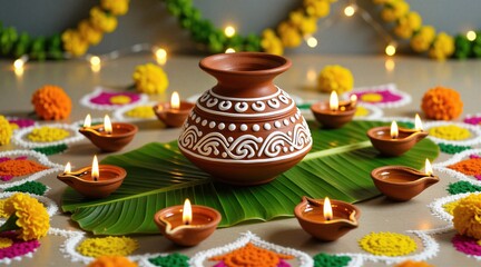 Fototapeta premium Traditional clay pot sits on green banana leaf surrounded by small glowing oil lamps. Festive Pongal celebration setup features bright marigold flowers with colorful rangoli patterns on ground. Warm