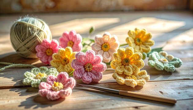 Geh&auml;kelte Blumen dekorativ auf rustikalem Holztisch arrangiert