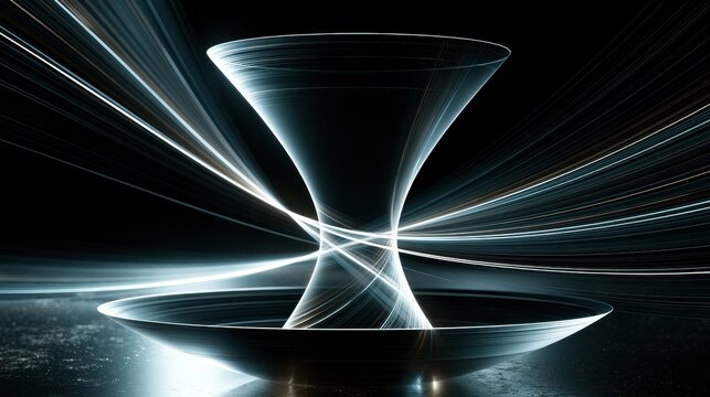 Glowing light beams warp into an hourglass shape on a dark surface. Futuristic science concept for quantum physics.