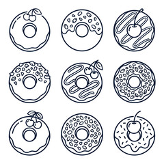 Obraz premium Set of nine delicious donuts with cherry and sprinkles illustrations.
