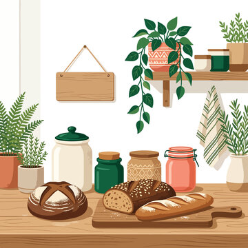 Wooden bowl with dried fruits and decorative plants on table.