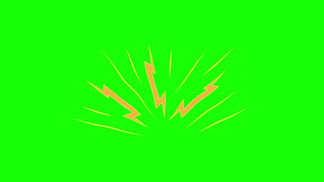 Gold flash animation featuring lightning and electricity symbols, particle flow lines, and lightning strike effects; cartoon doodle style, suitable as an element to represent stress or pain; green bac