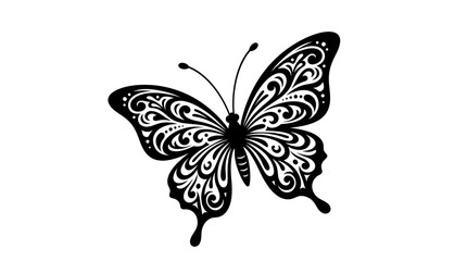 Black silhouette of a butterfly with ornate swirling patterns © Kobita