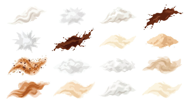 Realistic powder explosion and flour splash set, 16 vector dust clouds and cocoa splashes, white flour and brown spice powder bursts isolated PNG with Transparent Background